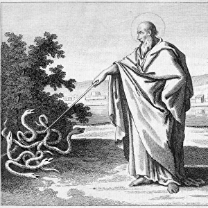 HILARY OF POITIERS (c300-c368 A. D. ) Bishop of Poitiers and Doctor of the Church. Saint Hilary driving out the snakes on an island off the coast of France. Line engraving, late 18th or or early 19th century
