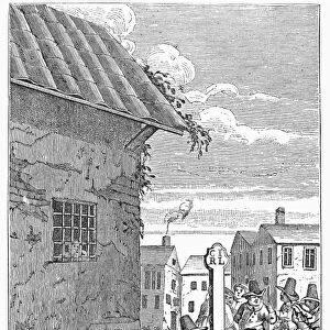 HOGARTH: HUDIBRAS, 1726. Hudibras and Ralpho in the Stocks. 19th century wood engraving after the original engraving, 1726, by William Hogarth