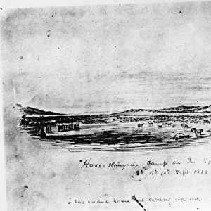 HORSE SLAUGHTER CAMP, 1858. The slaughter, ordered by U. S. Army Colonel George Wright, of between 800 and 900 horses, captured from the Palouse Indians, at the Spokane River, Washington Territory, September 1858. Contemporary drawing