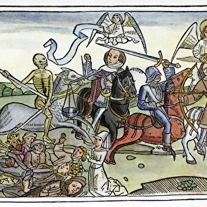 FOUR HORSEMEN. The Four Horsemen of the Apocalypse. Color woodcut from the Cologne Bible
