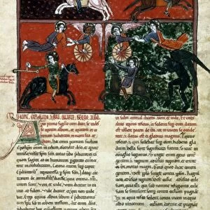 FOUR HORSEMEN. Four Horsemen of the Apocalypse. Spanish manuscript illumination, 1220