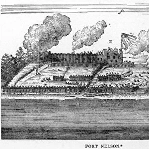 HUDSON BAY COMPANY. Fort Nelson at the mouth of the Nelson River on the southwest coast of Hudson Bay, sometimes held by the English, sometimes by the French, and shown in this 1722 engraving under attack by the French