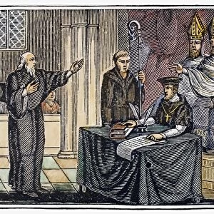 HUGH LATIMER (1485-1555). English religious reformer. Bishop Latimer before a Catholic tribunal during the reign of Mary I. Wood engraving from an 1832 American edition of John Foxes Book of Martyrs