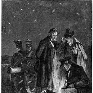 HUMBOLDT MEASURING SOUND. Alexander von Humboldt, Joseph Louis Gay-Lussac, and Alexis Bouvard attempting to establish the speed of sound by measuring the time between the observation of a lightning flash and hearing the sound of a cannon shot, 22 June 1822, Paris, France. Line engraving, 19th century