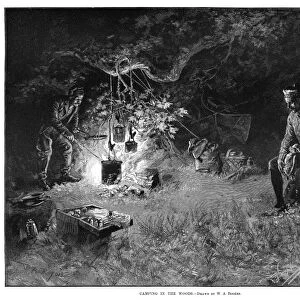 HUNTERS CAMP, 1890. Two hunters camping in the woods. Engraving, American, 1890