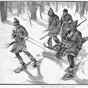 HUNTING MOOSE, 1885. Hunting moose on snowshoes. Engraving, American, 1885, after J. Macdonald