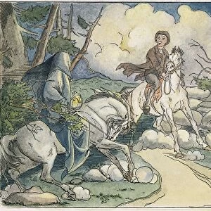 Ichabod Crane encounters the Headless Horseman: etching, 1849, by Felix O. C. Darley for The Legend of Sleepy Hollow by Washington Irving