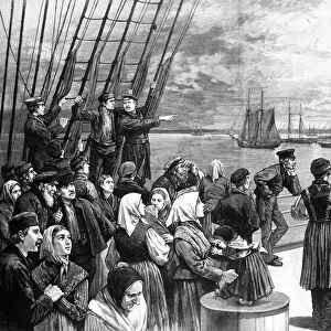 IMMIGRANTS ON SHIP, 1887. Immigrants on the steerage deck of an ocean steamer passing the Statue of Liberty in New York Harbor. Engraving, 1887