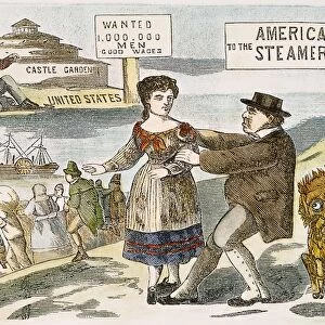 IMMIGRATION CARTOON, c1855. The Lure of American Wages