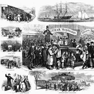 IMMIGRATION: CASTLE GARDEN. Various scenes at the Castle Garden immigration station in New York City. Wood engraving, American, 1866
