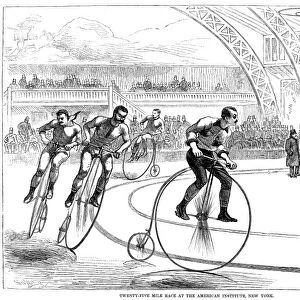 INDOOR BICYCLE RACE, 1880. Twenty-Four Mile Race at the American Institute, New York. Wood engraving, American, 1880