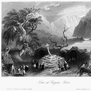 IRELAND: GOUGANE BARRA. View of the remains of the island settlement on Gougane Barra Lake, County Cork, Ireland. Steel engraving, English, c1840, after William Henry Bartlett