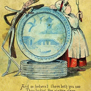 JACK SPRAT. Jack Sprat could eat no fat, his wife could eat no lean. Color engraving from a late-19th century American edition of Mother Gooses Melodies