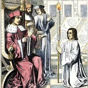 JACQUES COEUR (c1395-1456). French merchant. An apologetic Jacques Coeur before Charles VII in 1451. Line engraving after a 15th century French miniature