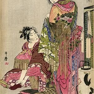 JAPAN: GEISHAS, 1785. Two Japanese geishas getting dressed for a festival