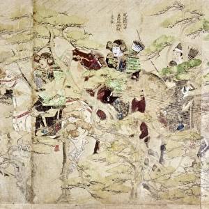 Japanese cavalry under Takezaki Suenaga advance through a forest in 1274. Detail from Japanese scroll painting on paper, c1293, attributed to Tosa Nagataka and Tosa Nagaaki