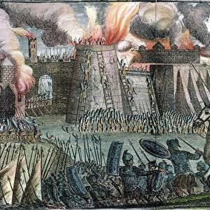 JERUSALEM TEMPLE. Siege of Jerusalem and the setting afire of the Temple by Roman forces under Titus in 70 A. D. : line engraving from an 18th century English edition of Josephus Works