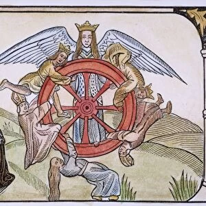 JOHN LYDGATE (c1370-c1451). English poet. Lydgate contemplating the Wheel of Fortune