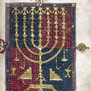JUDAISM: MENORAH. Manuscript illumination from a Haggadah, n. d