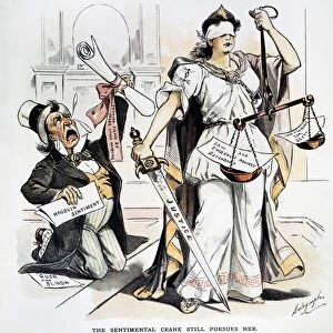 JUSTICE CARTOON. An 1893 American cartoon by Louis Dalrymple suggesting excessive sentiment for the defendant as an impediment to the course of justice