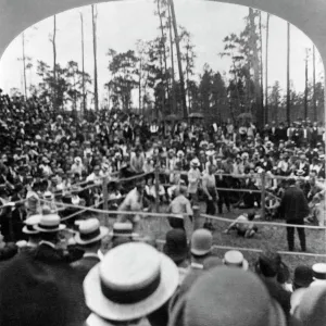 KILRAIN VS. SULLIVAN, 1889. John L. Sullivan knocks out Jake Kilrain in the last round of the 75-round contest at Richburg, Mississippi, on 8 July 1889, Sullivans last bare-knuckle fight