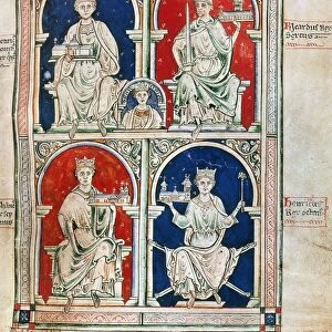 FOUR KINGS OF ENGLAND depicted on a page of a 13th century manuscript: clockwise