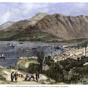 LEBANON: BEIRUT, 1860. The city of Beirut at the foot of Mount Lebanon. Colored engraving, English, 1860