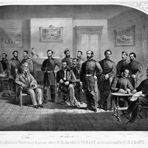 LEEs SURRENDER, 1865. The surrender of General Lee to General Grant at Appomattox Court House