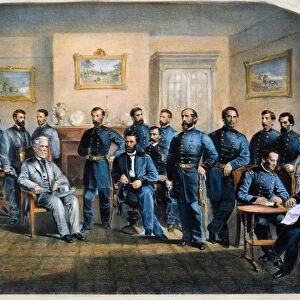 LEEs SURRENDER, 1865. The surrender of General Lee to General Grant at Appomattox Court House, Virginia, 9 April 1865. Lithograph, American, 1867