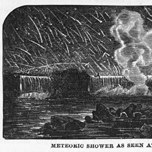 LEONID METEOR SHOWER, 1833. Meteor shower at Niagara Falls, 13 November 1833: wood engraving, 19th century