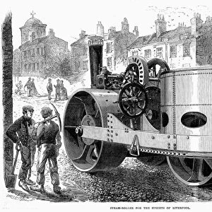 LIVERPOOL: STEAMROLLER. Steamroller for the streets of Liverpool, England. Wood engraving, 1867
