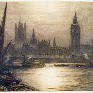 LONDON, c1920. View of the Palace of Westminster and Big Ben in London, England