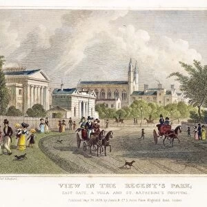 LONDON: REGENTs PARK, 1828. View in the Regents Park; East Gate, a Villa, and St. Katherines Hospital, London: steel engraving, English, 1828