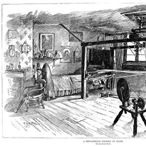 LONDON: WEAVER, 1885. A weaver at work in Spitalfields, London. Engraving, English
