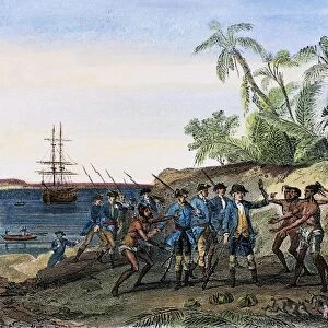 LOUIS de BOUGAINVILLE (1729-1811), a French navigator, meeting the natives of Tahiti, c1766-69. Steel engraving, French, 19th century