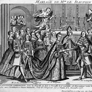 LOUIS XVI (1754-1793). King of France, 1774-1792. The wedding of the dauphin (the future king) to Marie-Antoinette of Austria at the chapel of Versailles, 1770. Contemporary French line engraving