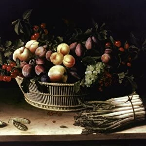 Louise Moillon: Still life of fruit basket and box of asparagus. Oil, 17th century