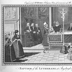 LUTHERAN BAPTISM, 1790. Baptism of the Lutherans at Augsburgh in Germany. Copper engraving, English. 1790