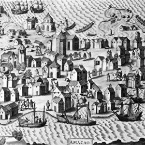 MACAO COLONY, 1598. The Portuguese colony of Macao, which was the major port for foreign trade with China for 300 years. Engraving by Theodor de Bry, 1598