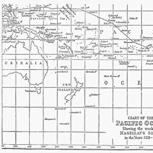MAGELLAN: MAP, 1519-1522. Map of the Pacific Ocean showing Ferdinand Magellans route, 1519-1522. Wood engraving, 19th century