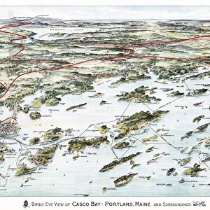 MAP: CASCO BAY, c1906. An aerial depiction of Casco Bay and Portland, Maine, with railroad