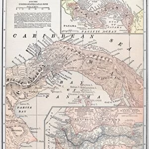 MAP: PANAMA, 1907. Map of Panama showing the United States Canal Zone and proposed route of canal. Color engraving, 1907
