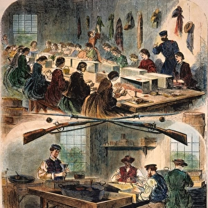 MASS. : U. S. ARSENAL, 1861. Workers filling cartridges at the U. S. Arsenal at Watertown, Massachusetts, during the Civil War. Engraving, 1861, after Winslow Homer