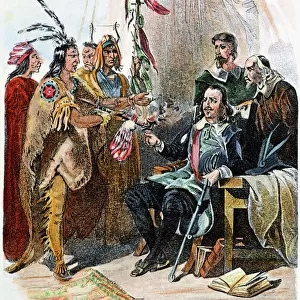 MASSASOIT & CARVER, 1620. Wampanoag Native American chief Massasoit meeting with John Carver, the first governor of Plymouth colony, in 1620. Steel engraving, American, 19th century