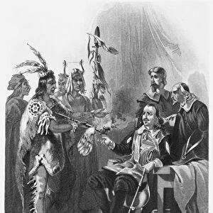 MASSASSOIT & CARVER, 1620. Wampanoag Native American chief Massasoit meeting with John Carver, the first governor of the Plymouth Colony, in 1620. Steel engraving, American, 19th century