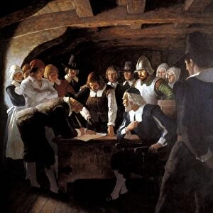 MAYFLOWER COMPACT, 1620. The signing of the Mayflower Compact off the coast of Provincetown