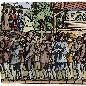 MEASUREMENT, 16th CENTURY. Sixteen men, lined up heel to toe, set the standard for the rute