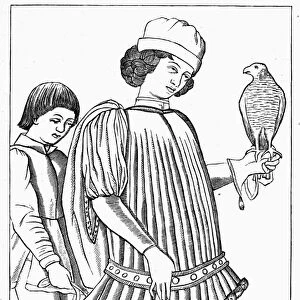 MEDIEVAL FALCONRY, c1460. Medieval Italian falconers. Line engraving after a woodcut, c1460