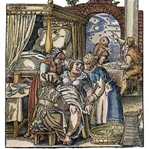 Midwives attend a childbirth while an astronomer casts a horoscope for the newborn. Woodcut, 1580, by Jost Amman