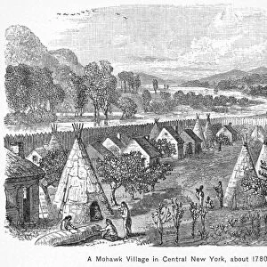 MOHAWK VILLAGE, 1780. A Mohawk village in central New York, c1780. Wood engraving, 19th century